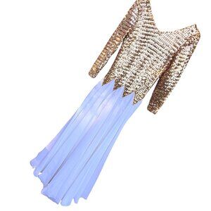 Gold Sequin & White Chiffon Long Sleeve Gown With Zigzag Waist Detail - Vintage-